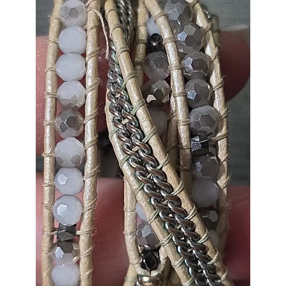 Nakamol Signed Moonstone Beaded Wrap Bracelet Light Tan Cord Glass Crystals